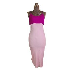 Vintage 90s Y2K Deadstock 2 Tone Pink Fuchsia Silk Nightgown‎ Slip Dress Midi M